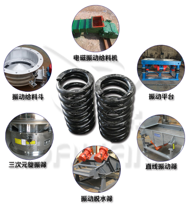 旋振篩減震彈簧適用產(chǎn)品：振動給料機(jī)，電磁振動給料機(jī)，振動平臺，直線振動篩，振動脫水篩，三次元旋振篩。