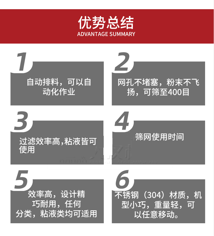 過濾篩優勢總結：1，自動排料，可以自動化作用。2，網孔不堵塞，粉塵不飛揚，可篩至400目。3，過濾效率高，任何粒，粉，粘液也可使用。4，篩網設計大大提高了篩網使用時間，也魏換網提高了方便。5，效率高，設計精巧耐用，任何分類設計精巧耐用，任何分類，粘液類均可適用。6，不銹鋼材質機型小巧，重量輕，可以任意移動。