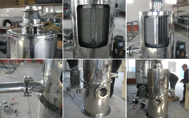 小型立式氣流篩細節:立式氣流篩篩網,立式氣流篩出料口,立式氣流篩電機。