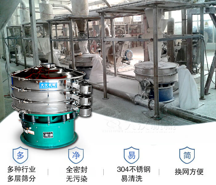 多種行業多層篩分采用全密封結構，無污染。304不銹鋼材質易清洗。同時換網方便。
