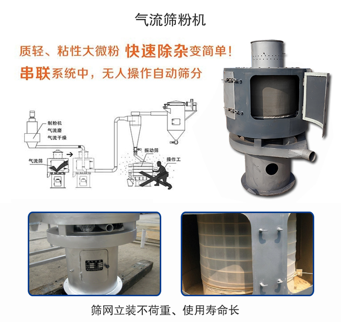 氣流篩粉機(jī)適用：質(zhì)輕，粘性大微粉采用串聯(lián)系統(tǒng)重，無(wú)人操作自動(dòng)篩分 特點(diǎn)：篩網(wǎng)立裝不負(fù)重，使用壽命長(zhǎng)。