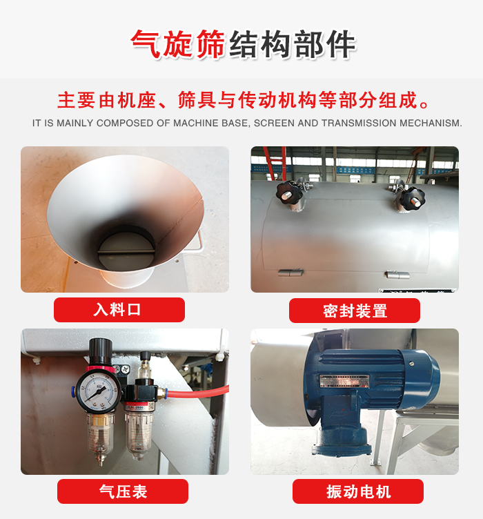 氣旋篩結(jié)構(gòu)：入料口，密封裝置，電機，氣壓表等